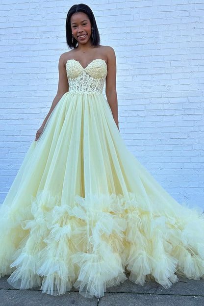 Red Tulle Appliques Sweetheart Ruffle Long Prom Dress