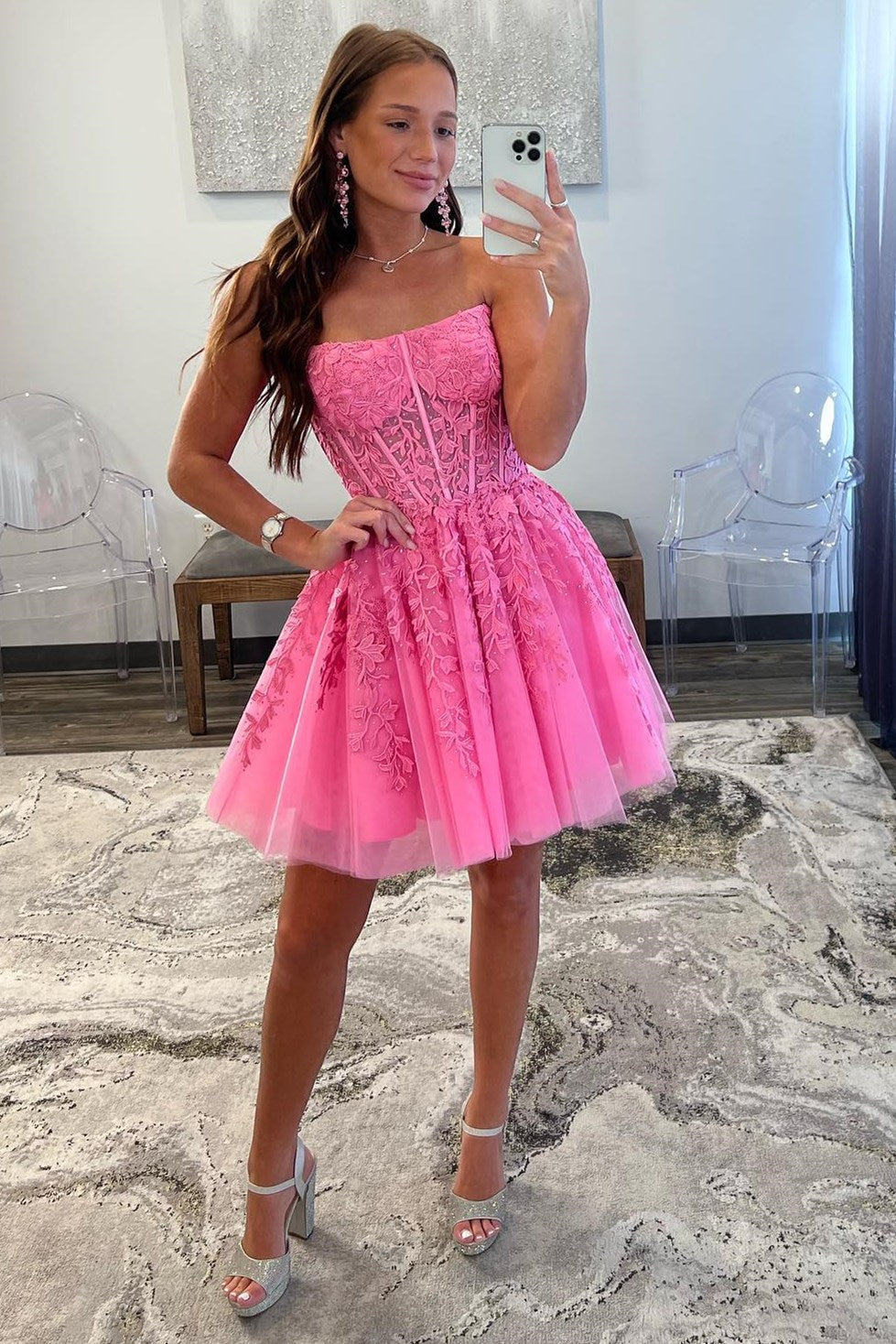 Hot Pink Tulle Strapless A-Line Short Gown with Appliques