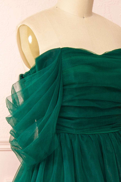 Green Tulle Off-the-Shoulder A-Line Tiered Prom Dress