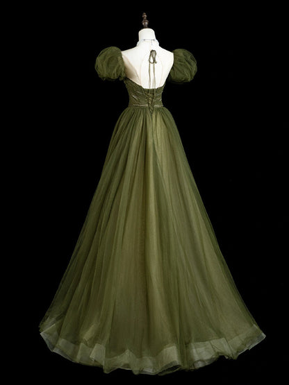 A-Line  Puff Sleeves Tulle Sequin Green Long Prom Dress, Green Long Evening Dress