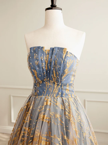 Vintage Sequin Beaded Strapless Ruffled Hem Design A-line Tulle Party Dress Homecoming Dress HZ1024