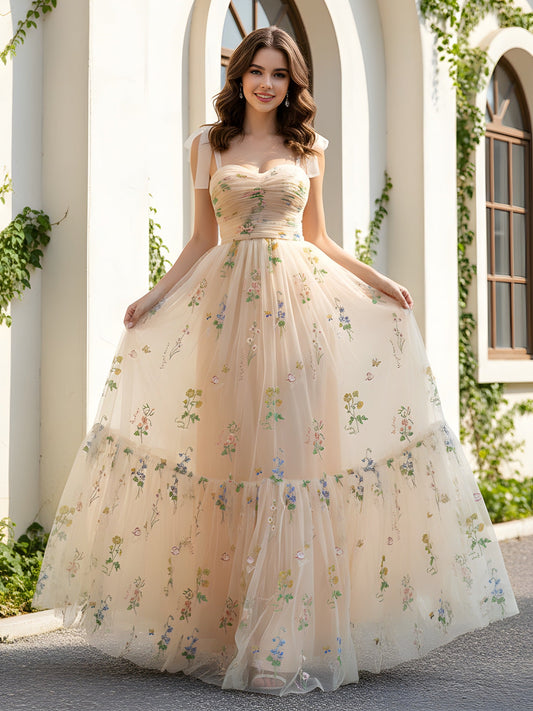 Pleated Sweetheart Neck Applique A-Line Tulle Dress Champagne