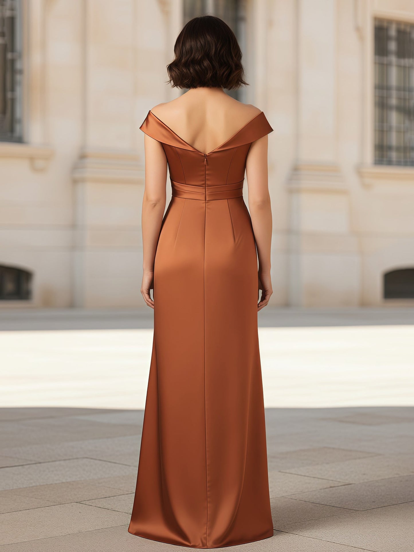Pleated V-neck Stretch Satin Bodycon Dress Rust
