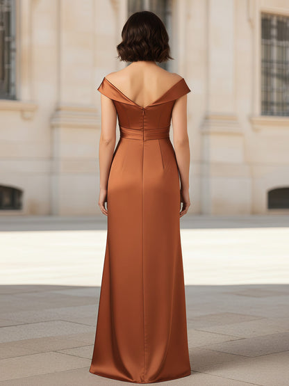 Pleated V-neck Stretch Satin Bodycon Dress Rust