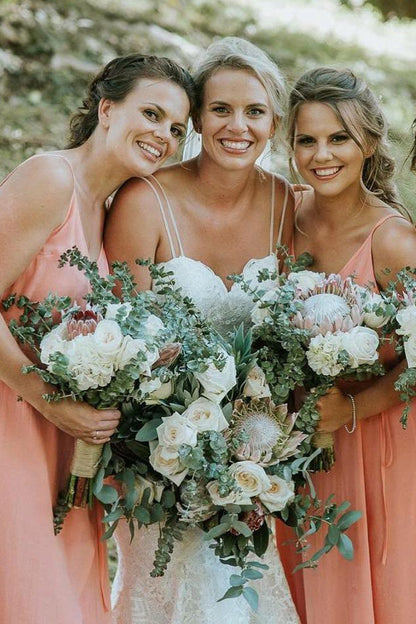 Spaghetti Straps Long Chiffon Blush Pink Bridesmaid Dress with Slit