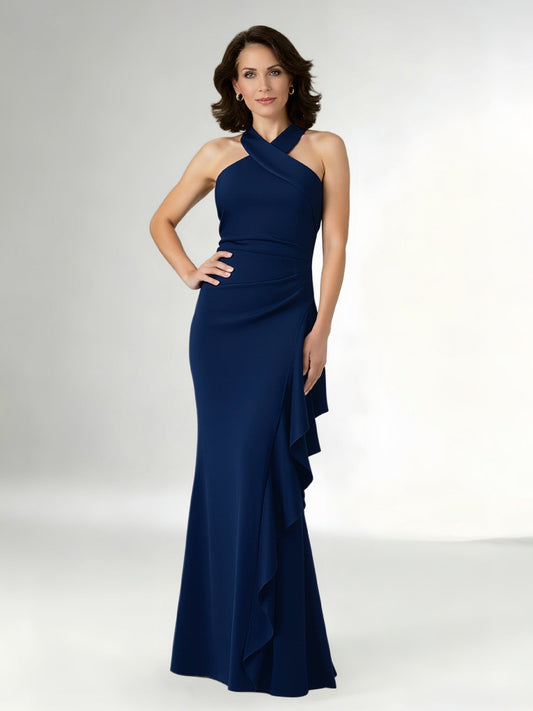 Halter Neck Maxi Gown with Waterfall Ruffle Detail Dark Navy