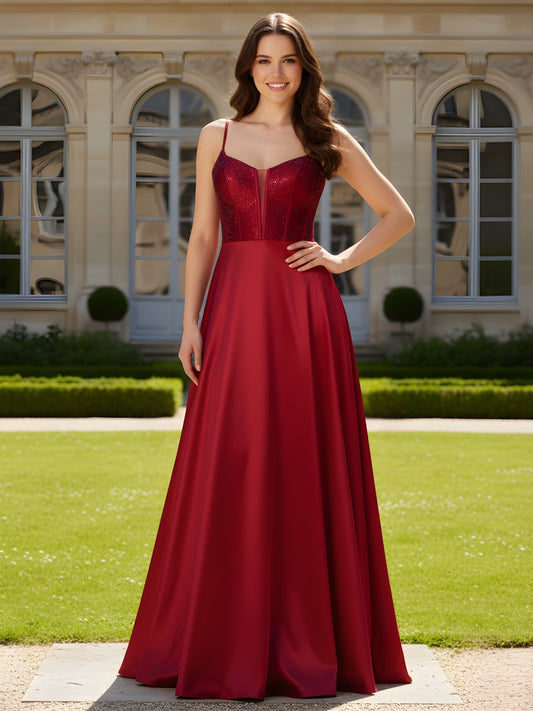 Beaded Corset Spaghetti Straps A-Line Long Dress Burgundy