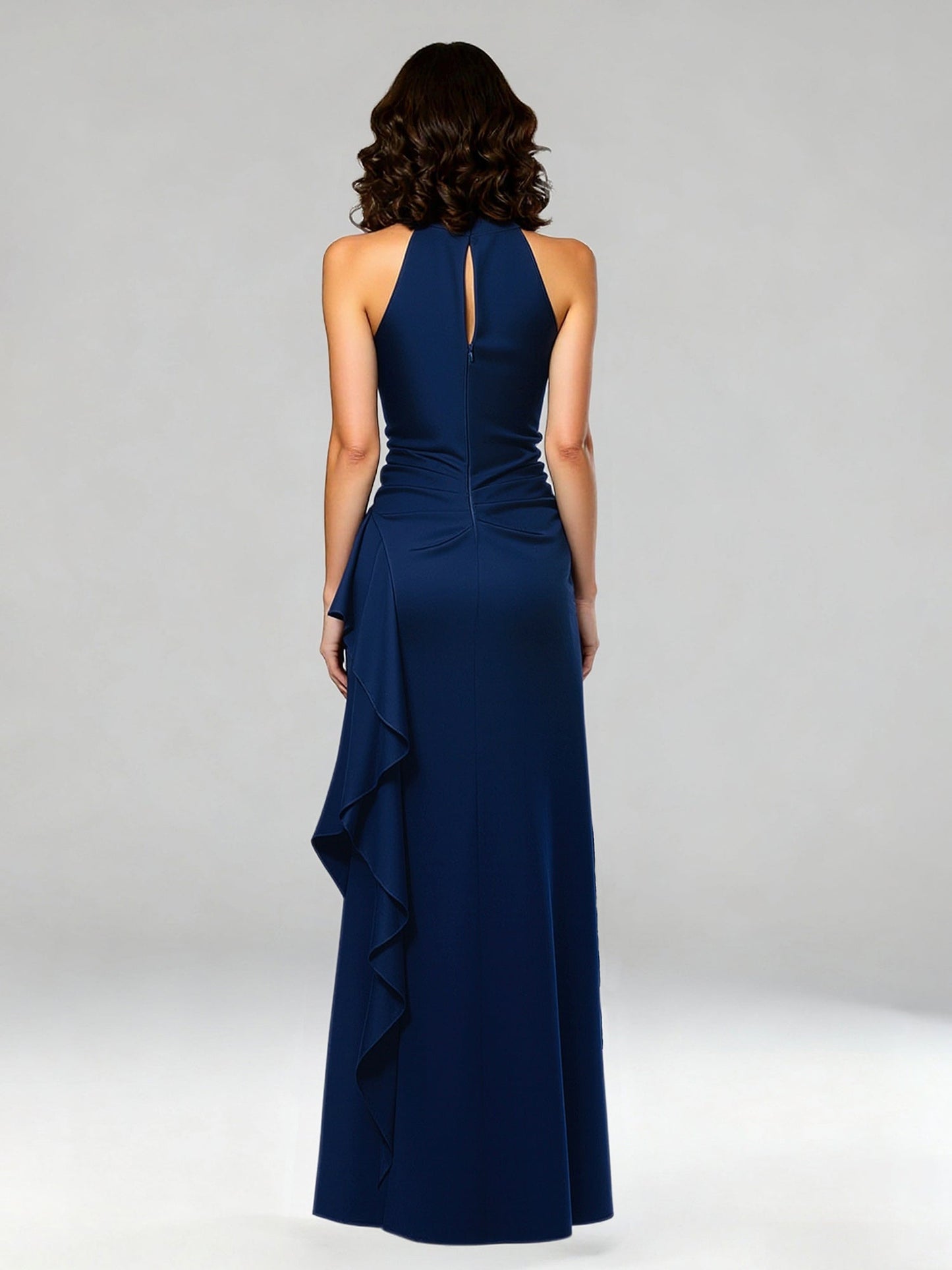 Halter Neck Maxi Gown with Waterfall Ruffle Detail Dark Navy