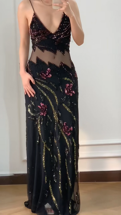 Vintage Black Mermaid Beaded Sequined Floral Cutout Tulle Long Prom Dress Evening Dress cc5356