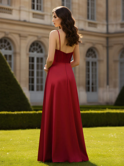 Beaded Corset Spaghetti Straps A-Line Long Dress Burgundy