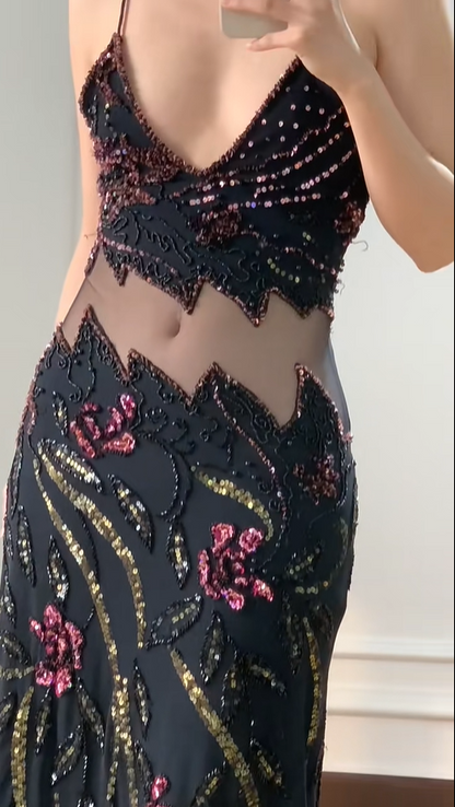 Vintage Black Mermaid Beaded Sequined Floral Cutout Tulle Long Prom Dress Evening Dress cc5356