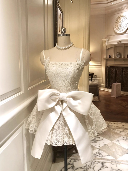 Vintage White Lace Bowknot Design Spaghetti Strap A-Line Homecoming Dress Party Dress Cocktail Dress HZ1024