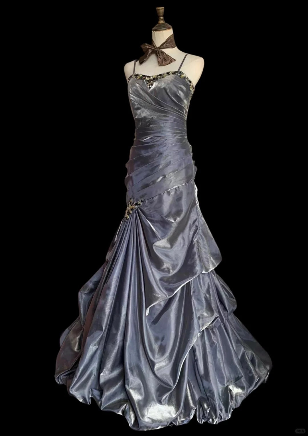 Vintage Grey Mermaid Spaghetti Strap Satin Train Prom Dress Evening Dress cc5357