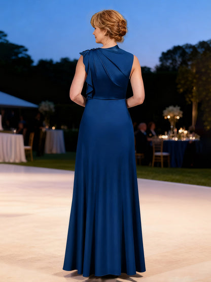 Chic Ruffled Neckline Gown Elegant Evening Attire Dark Navy