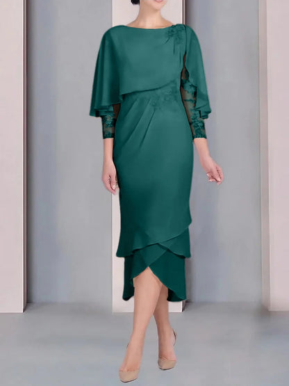 Applique lace sheath/cylindrical spoon short sleeved tea long mother of the bride dress