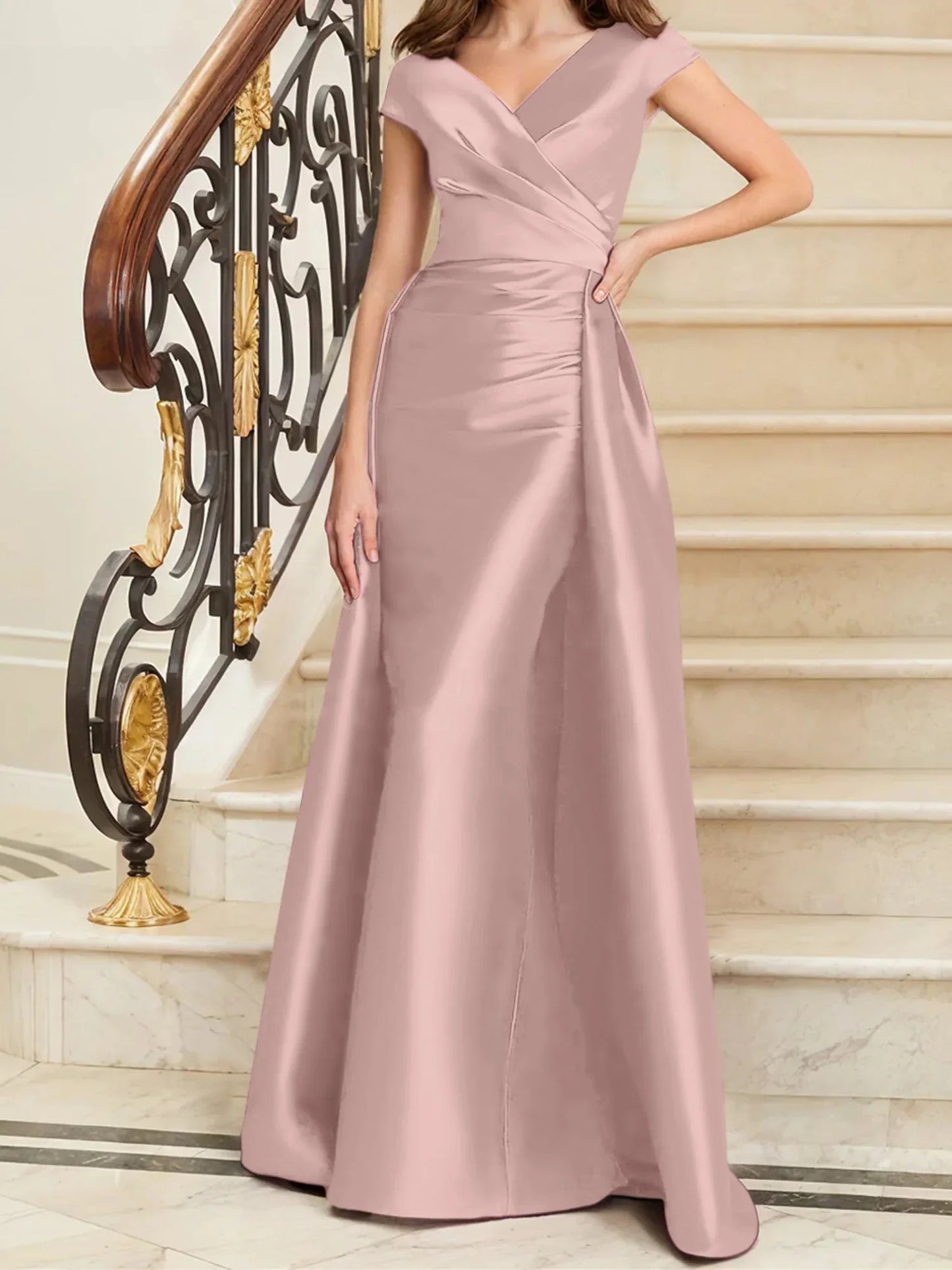 Tight fit/straight V-neck sleeveless satin mother of the bride dresses