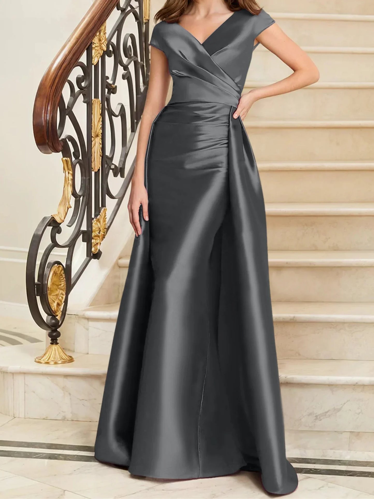 Tight fit/straight V-neck sleeveless satin mother of the bride dresses