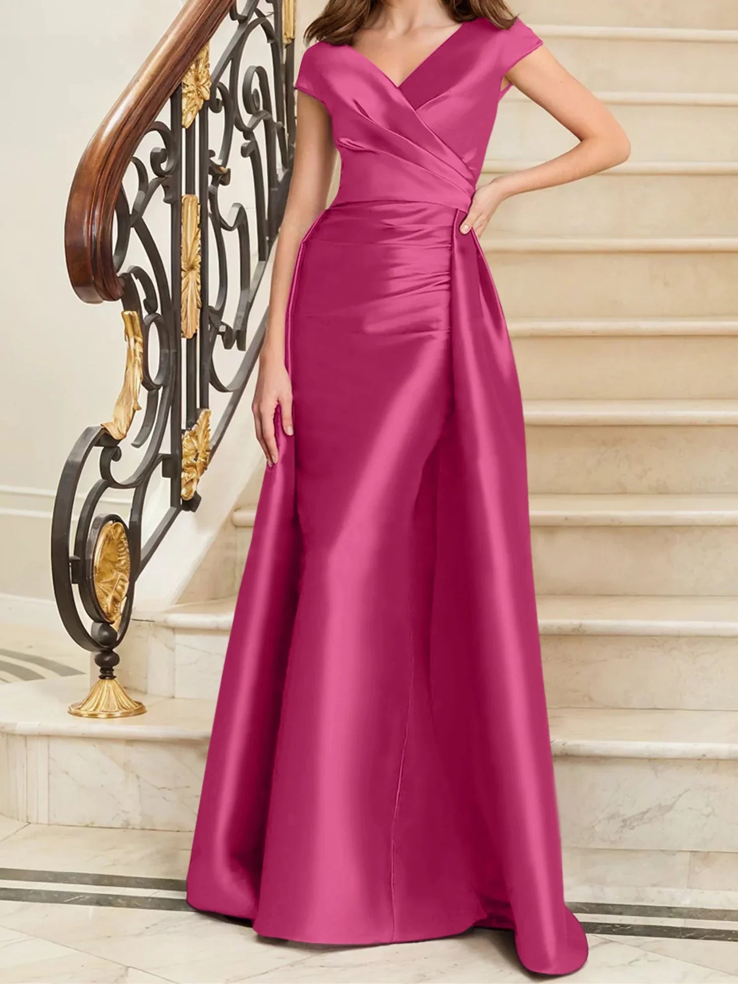 Tight fit/straight V-neck sleeveless satin mother of the bride dresses
