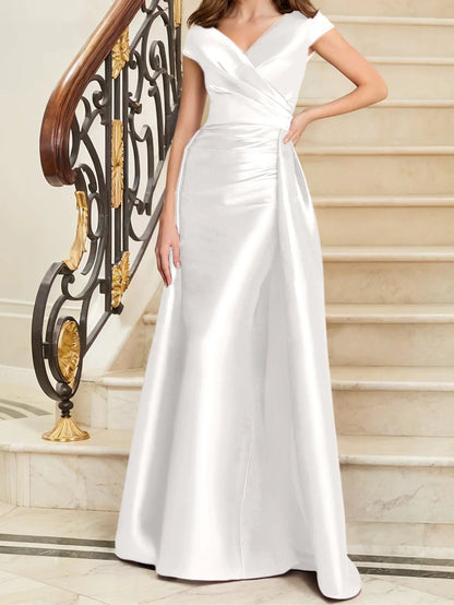 Tight fit/straight V-neck sleeveless satin mother of the bride dresses