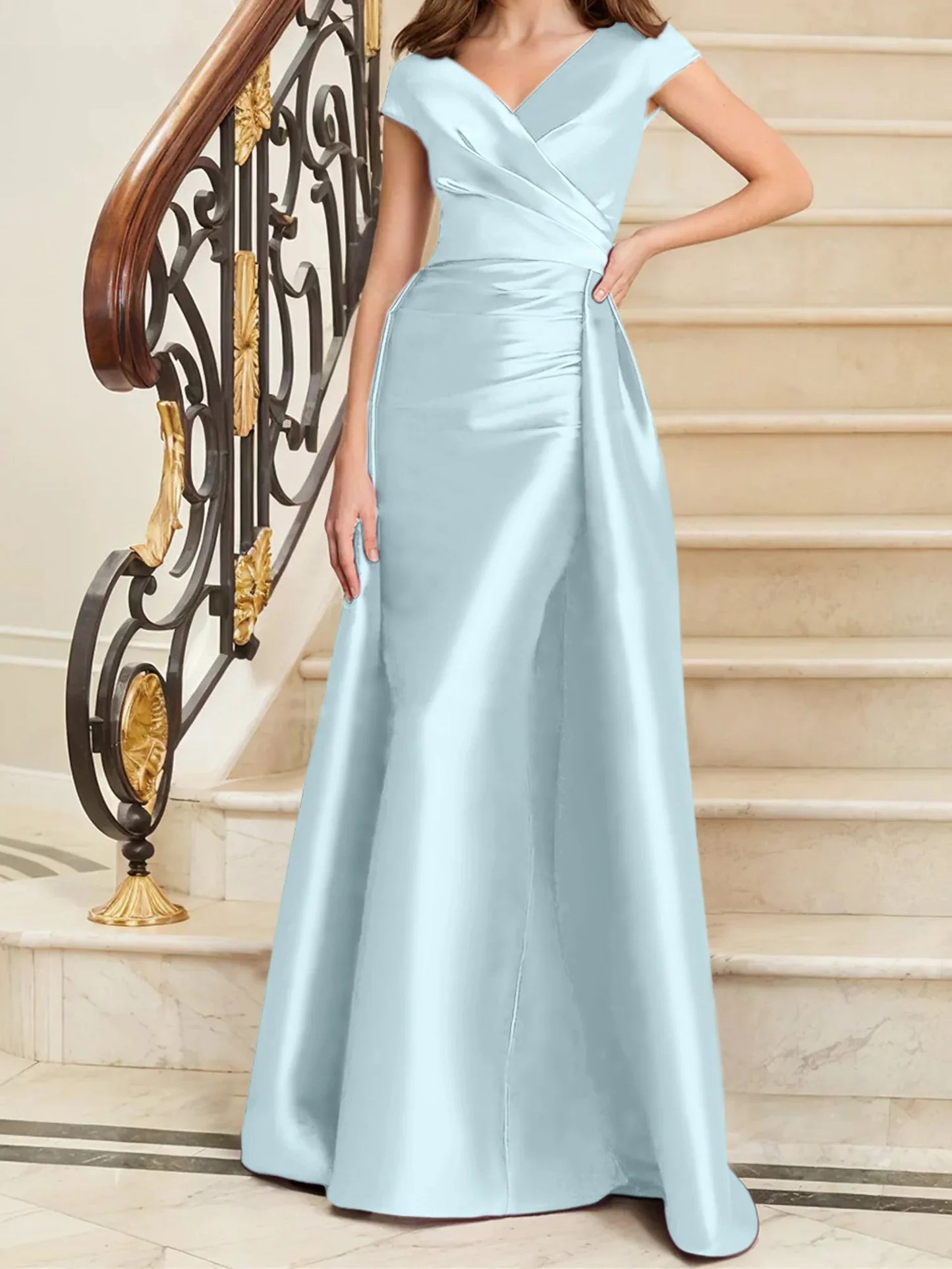 Tight fit/straight V-neck sleeveless satin mother of the bride dresses
