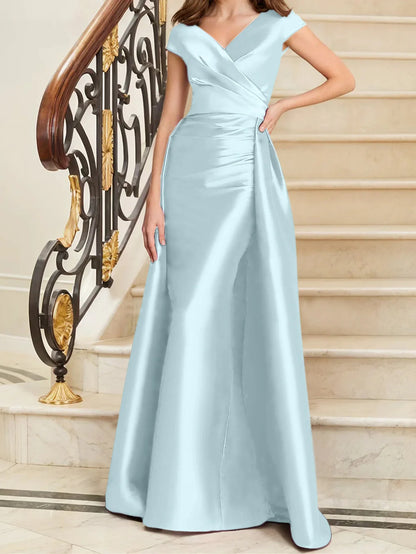 Tight fit/straight V-neck sleeveless satin mother of the bride dresses