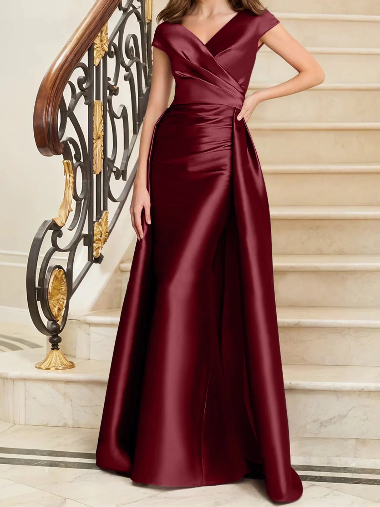Tight fit/straight V-neck sleeveless satin mother of the bride dresses