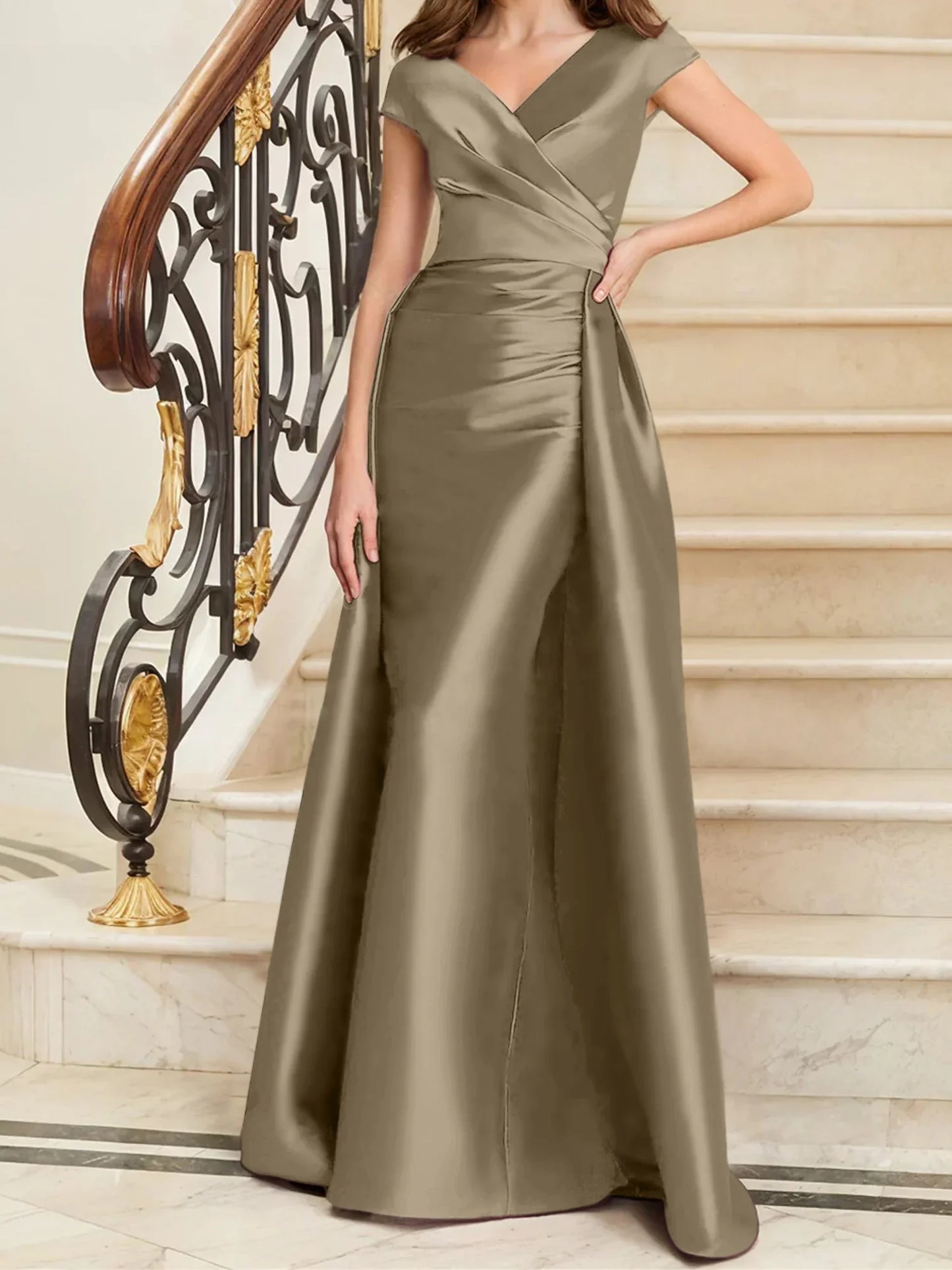 Tight fit/straight V-neck sleeveless satin mother of the bride dresses