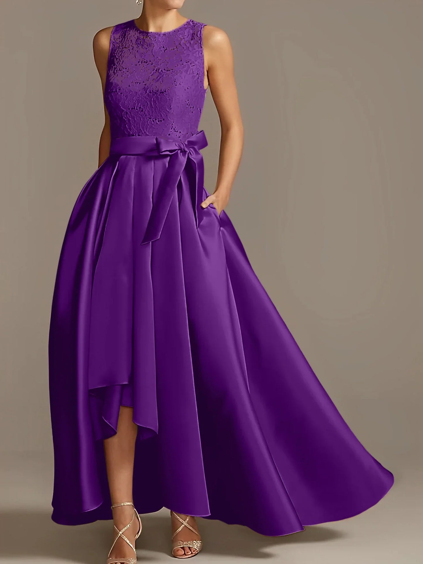 A-line/Princess collar sleeveless pleated lace mother of the bride dress
