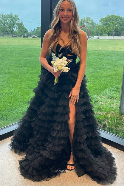Strapless Hot Pink Keyhole Print Ruffle Tiered Prom Dress