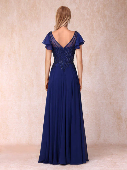 A-line/Princess V-neck short sleeved long formal mother of the bride dress