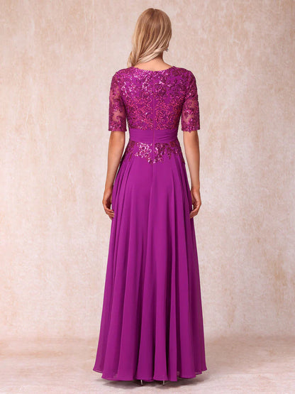 A-line/princess V-neck half sleeved shiny long style official mother of the bride dress