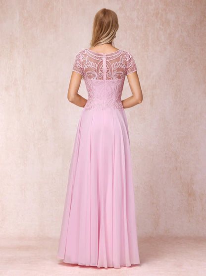 A-line/princess transparent collar short sleeved long with decal mother of the bride dress