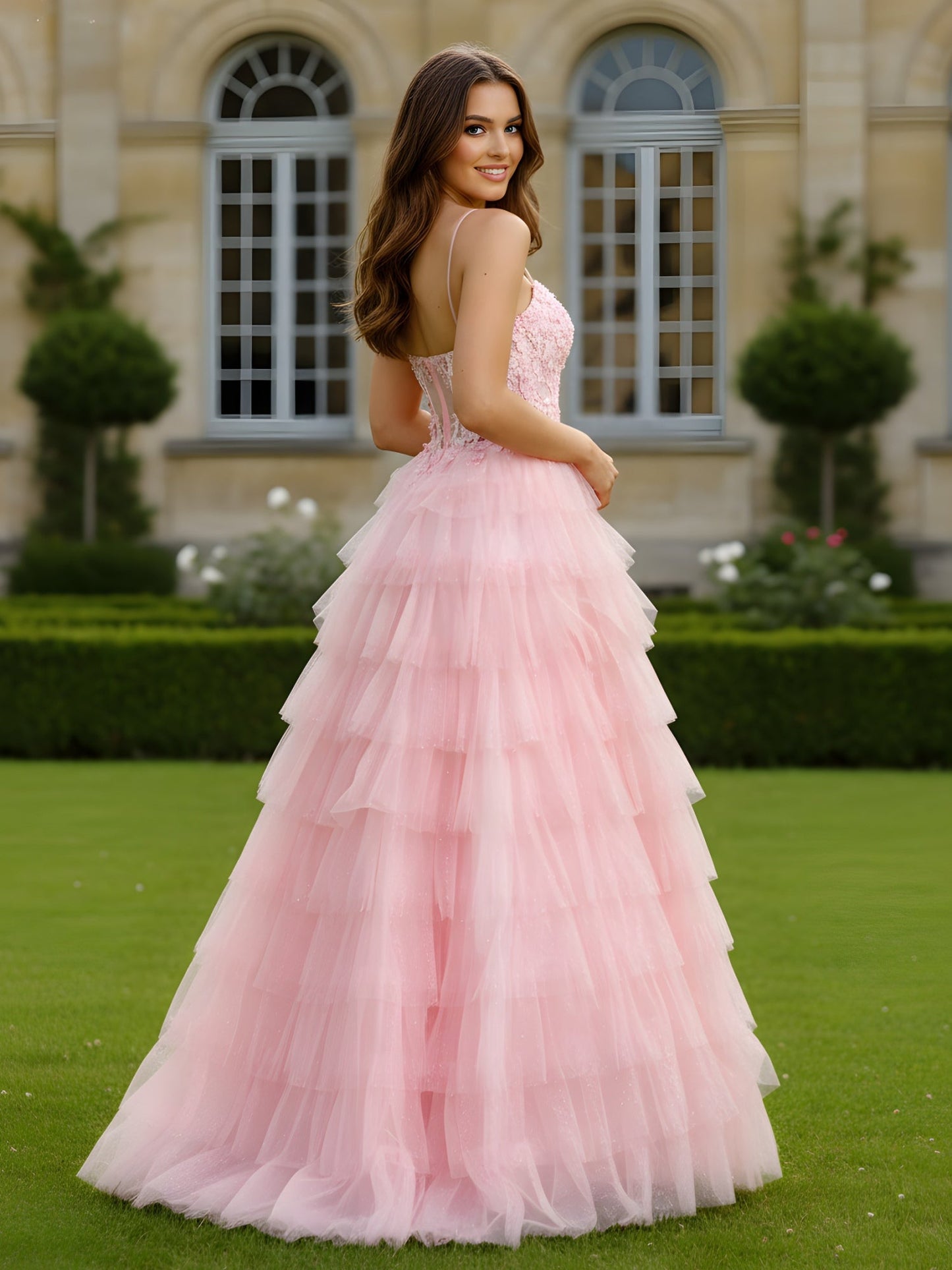 Lace Sweetheart Neck Tiered Tulle Dress With Slit Blushing Pink