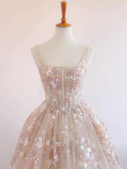 A-Line Lace  Champagne Long Prom Dress, Champagne Long Evening Dress