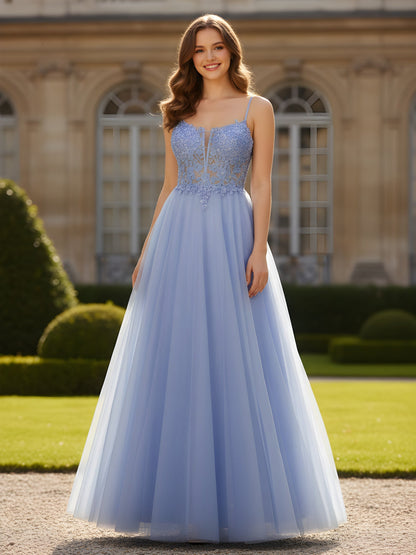 Lace Applique Corset A-Line Tulle Long Dress Lavender