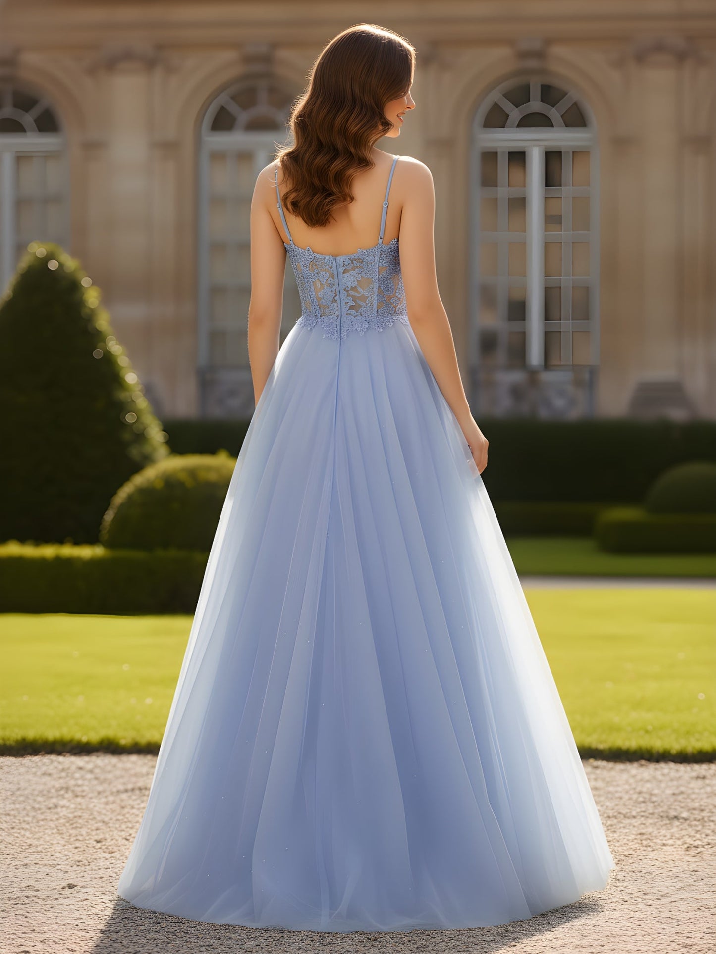 Lace Applique Corset A-Line Tulle Long Dress Lavender
