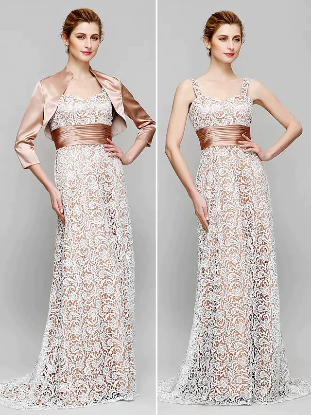 Mother of the Bride Dress Convertible Dress Straps Lace Charmeuse Length Sleeve with Lace Ruched