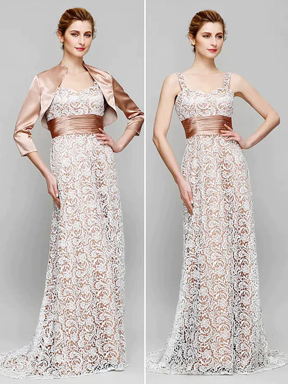Mother of the Bride Dress Convertible Dress Straps Lace Charmeuse Length Sleeve with Lace Ruched