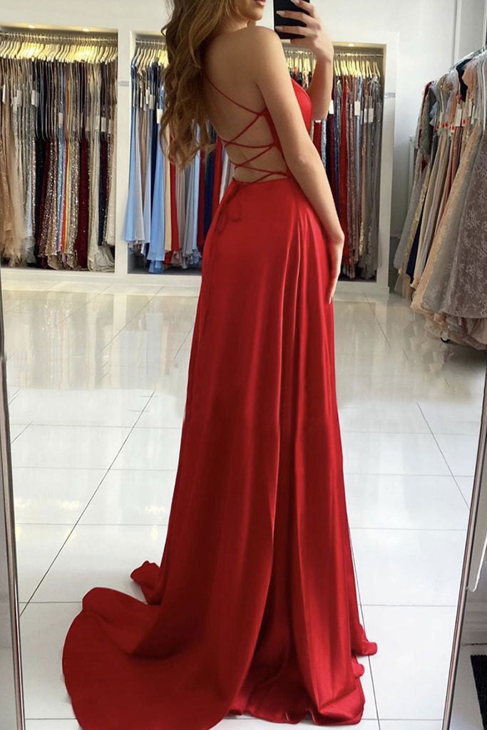 Simple red v neck satin long prom dress red evening dress