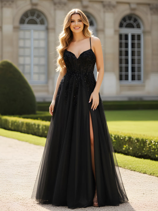 V-neck Applique Corset Tulle A-Line Dress With Slit Black