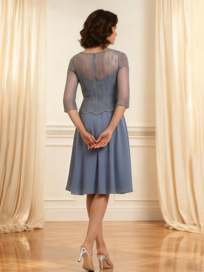 Sheer Yoke Beaded Bodice Dress Scalloped Hem Detail Dusty Blue