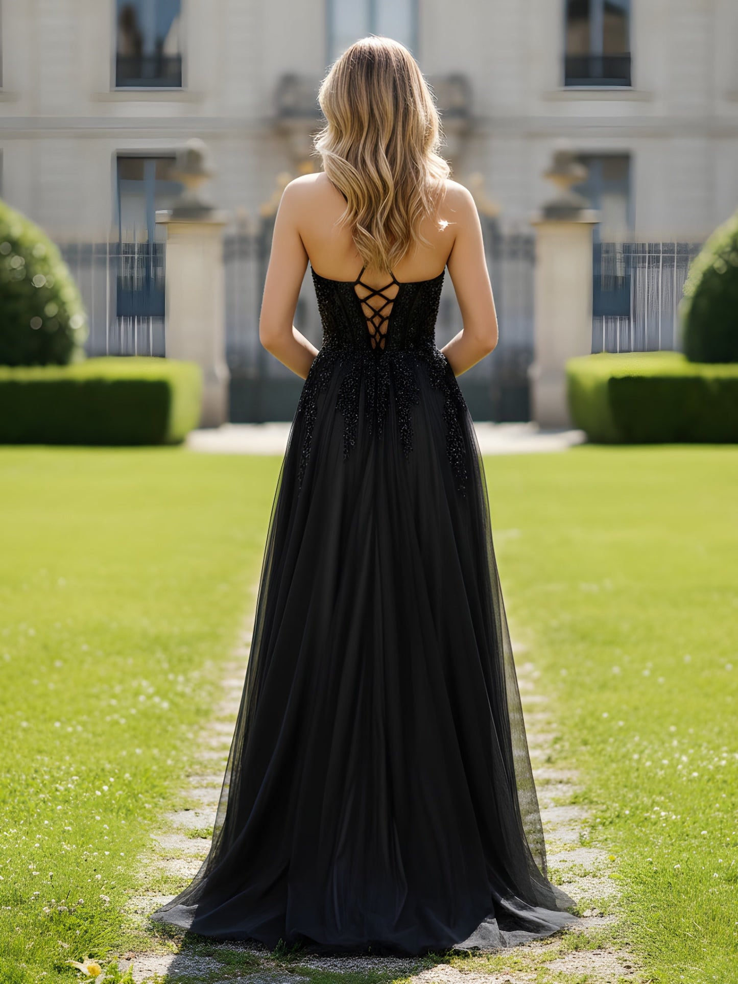 V-neck Applique Corset Tulle A-Line Dress With Slit Black