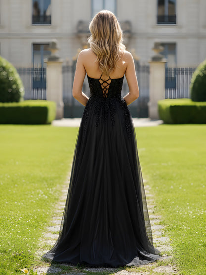 V-neck Applique Corset Tulle A-Line Dress With Slit Black