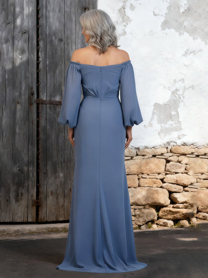Billowing Sleeve Evening Dress Flattering Draped Bodice Dusty Blue