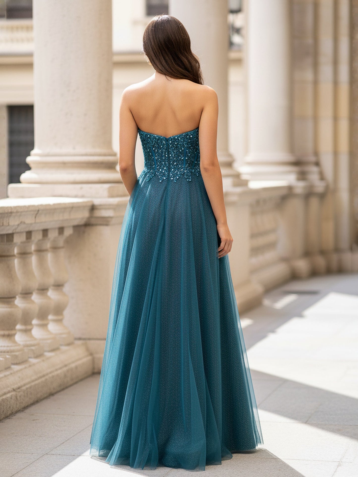 A-Line Sequin Bodice Dress with High Slit Jade