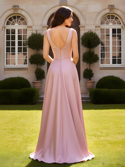Sleeveless A-Line Evening Dress with Low V-Back Dusty Rose