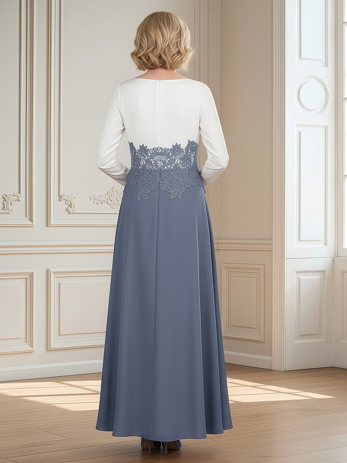 Long Sleeve Two-Piece Look Gown with Lace Waist Dusty Blue