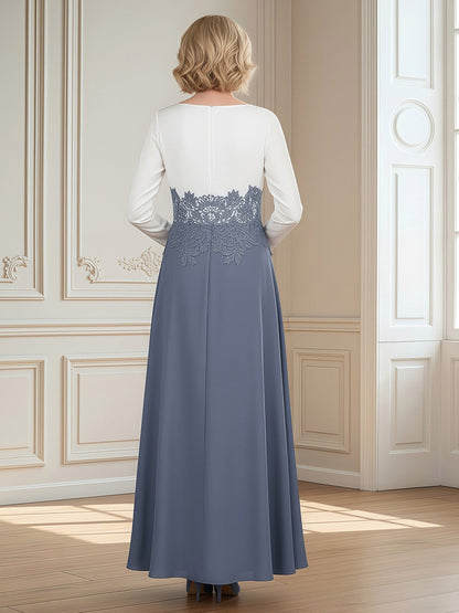 Long Sleeve Two-Piece Look Gown with Lace Waist Dusty Blue