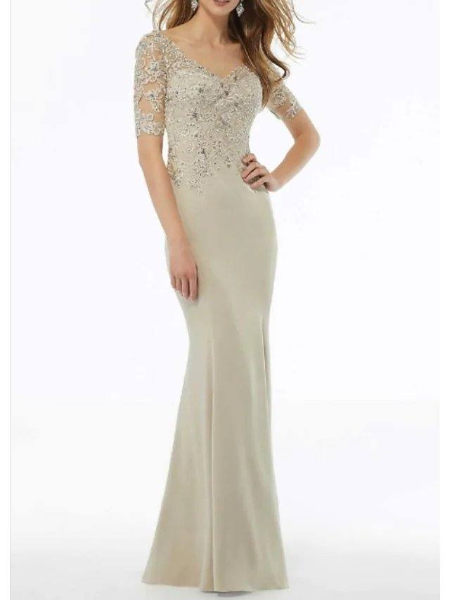 Mermaid / Trumpet Mother of the Bride Dress Elegant V Neck Sweep / Brush Train Lace Charmeuse Short Sleeve with Lace Beading Appliques - RongMoon
