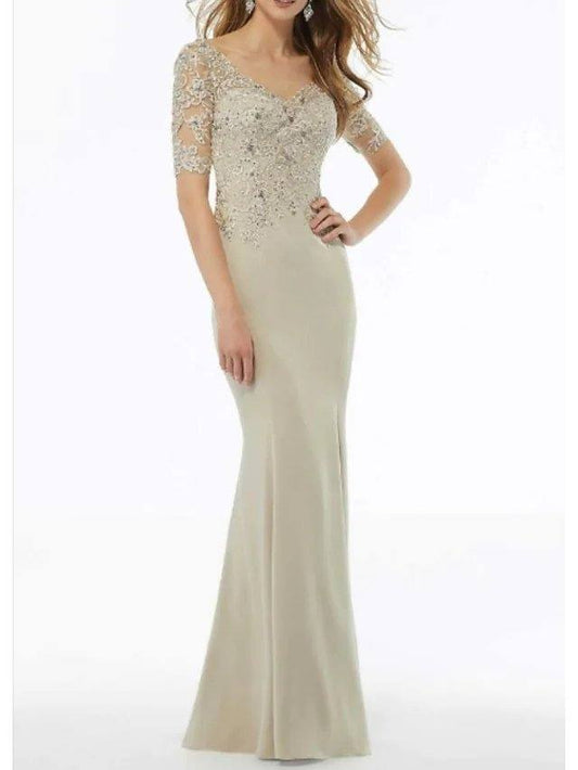 Mermaid / Trumpet Mother of the Bride Dress Elegant V Neck Sweep / Brush Train Lace Charmeuse Short Sleeve with Lace Beading Appliques - RongMoon